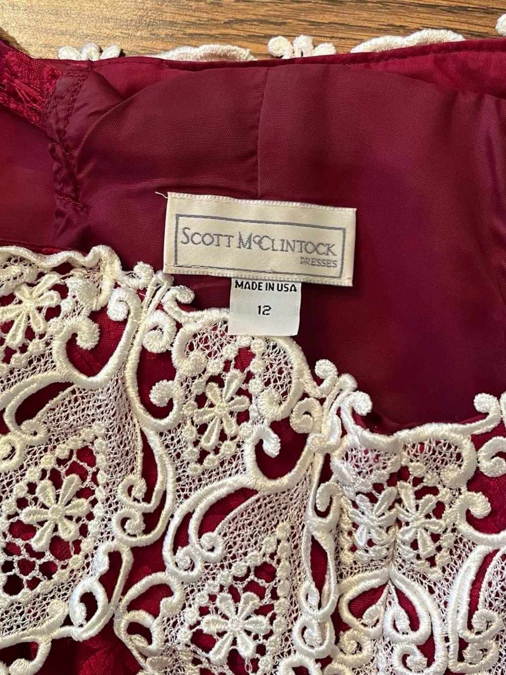 Scott McClintock Burgundy Evening Gown with Cream Lace Appliqué - Picture 2 of 8
